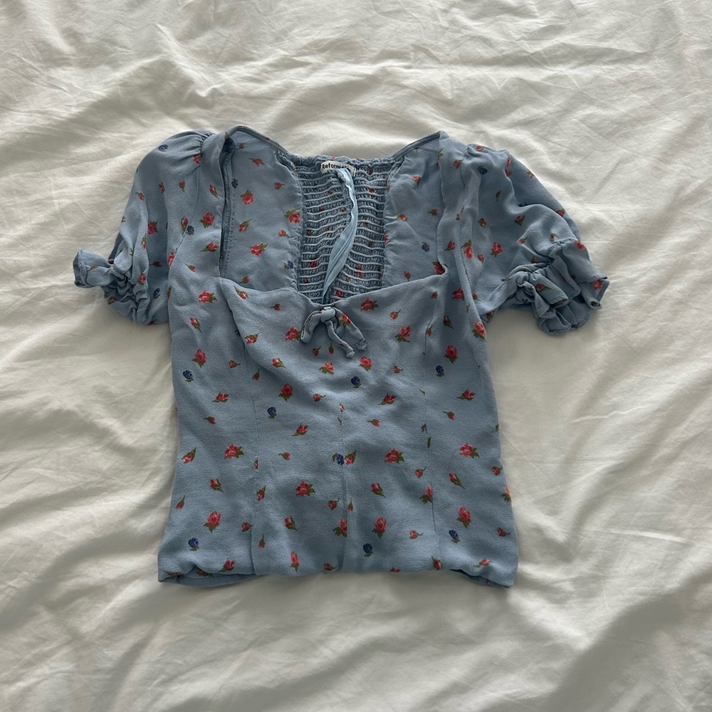 Reformation blue floral puff sleeve shirt